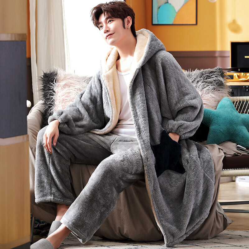 波迷娜bomina男士睡袍男款浴袍珊瑚绒法兰绒男式保暖星星睡衣