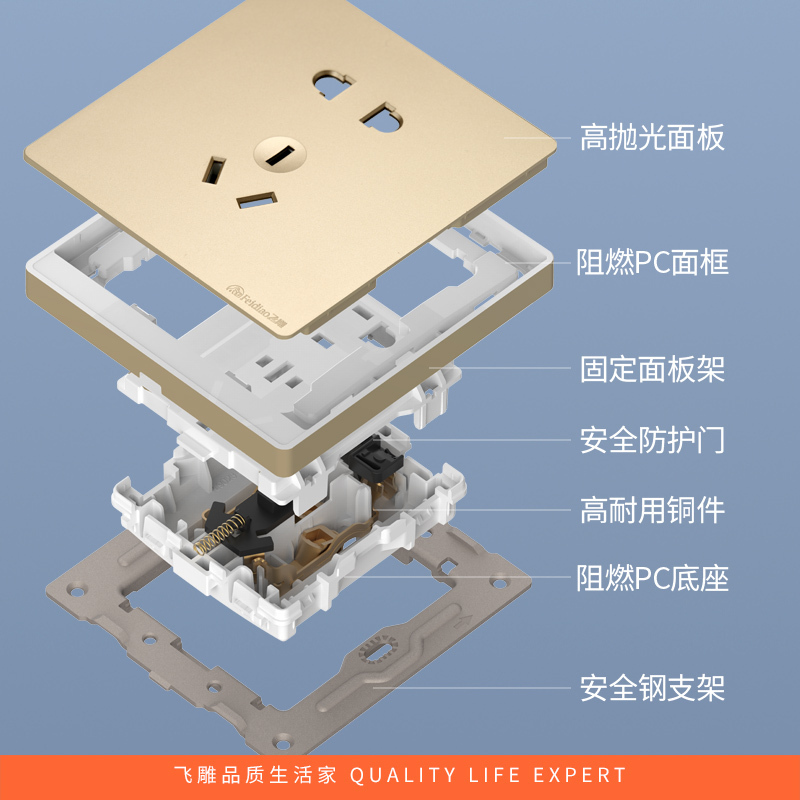 飞雕(FEIDIAO)开关插座86型家用暗装 超大面板钢支架 雕琢系列电源墙壁开关面板 雕琢金一开单五孔插