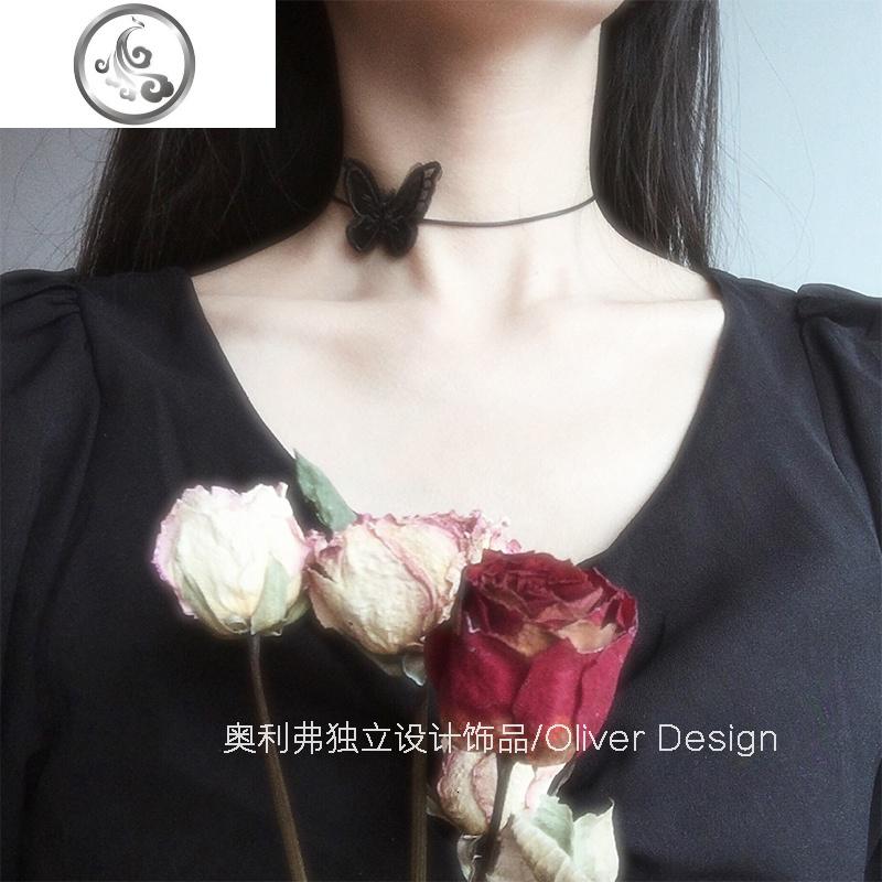 超仙气蕾丝蝴蝶choker项圈少女心网红锁骨链复古黑白网纱颈带项链_936高清大图