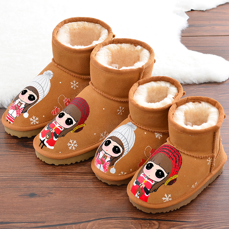 亲子雪地靴女童牛皮短靴真皮保暖母女鞋可爱卡通棉靴2018冬季新款