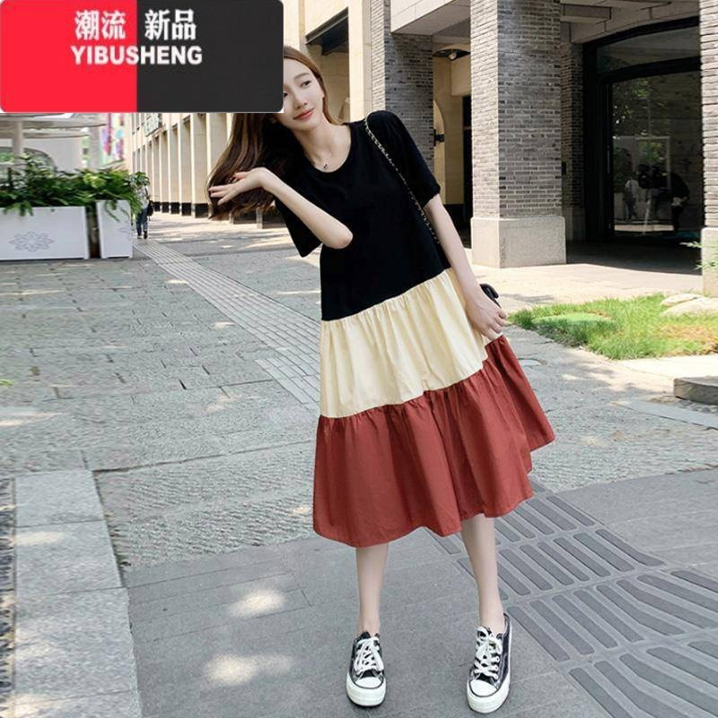 YIBUSHENG大码孕妇装胖mm胖妹妹拼接撞色宽松藏肉中长款过膝连衣裙a字裙