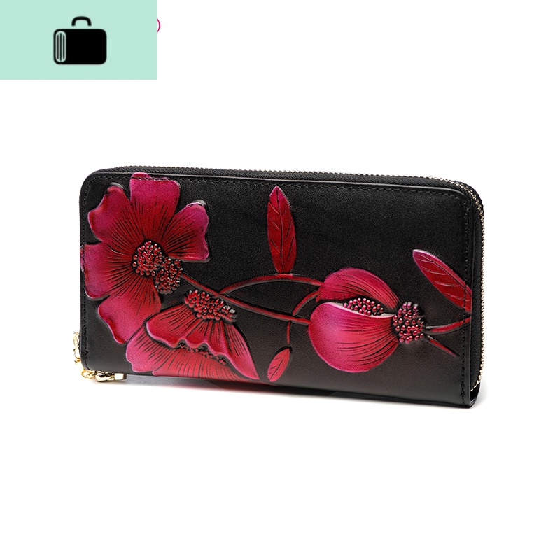 女士皮拉链长款钱包大容量头层牛皮钱夹手拎皮夹小手包2020新款NEW LAKE 紫荆花-红色