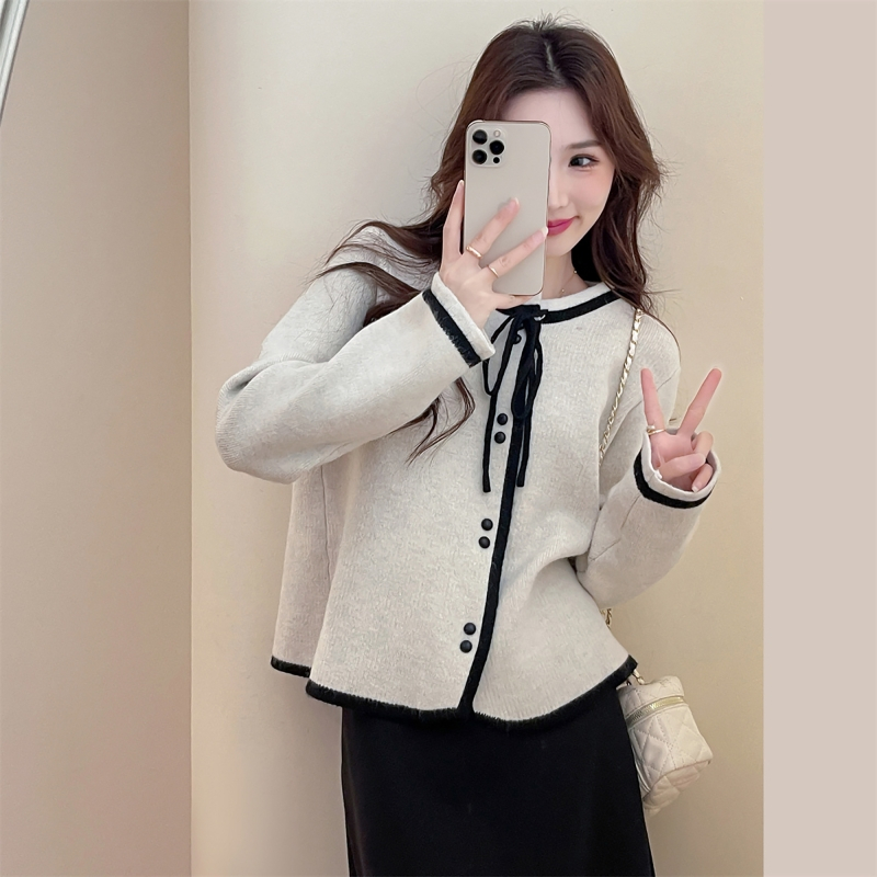 唐狮简约气质撞色设计圆领开衫女新款冬季灰色毛衣外套qd