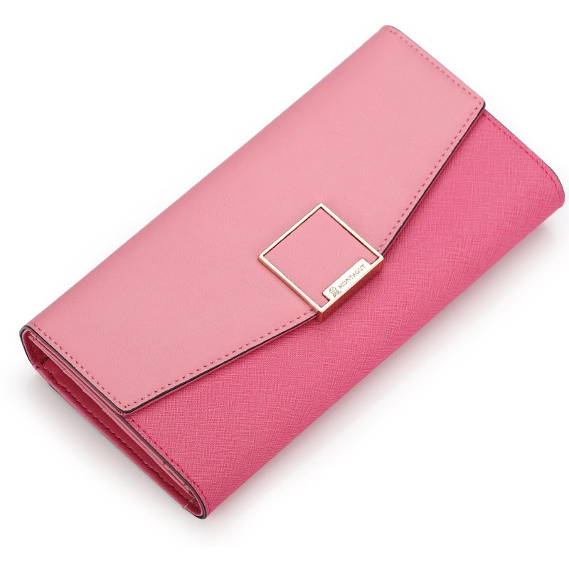 梦特娇女士钱包长款真皮三折折叠钱包女撞色拼接百搭多卡位牛皮皮夹