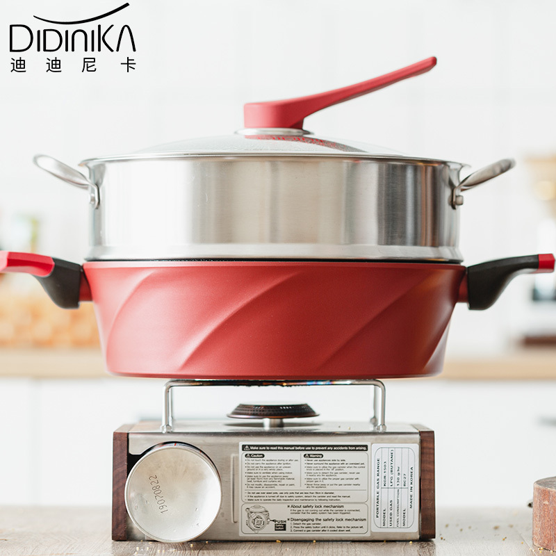 迪迪尼卡(Didinika)2019新款28cm浅汤锅家用麦饭石不粘锅多功能双耳煮锅带蒸屉