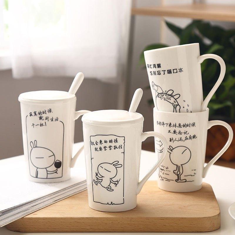 400ML陶瓷杯带盖勺咖啡杯创意杯子情侣水杯带盖茶杯牛奶杯学生马克杯简约卡童印花水杯家居器皿生活日用