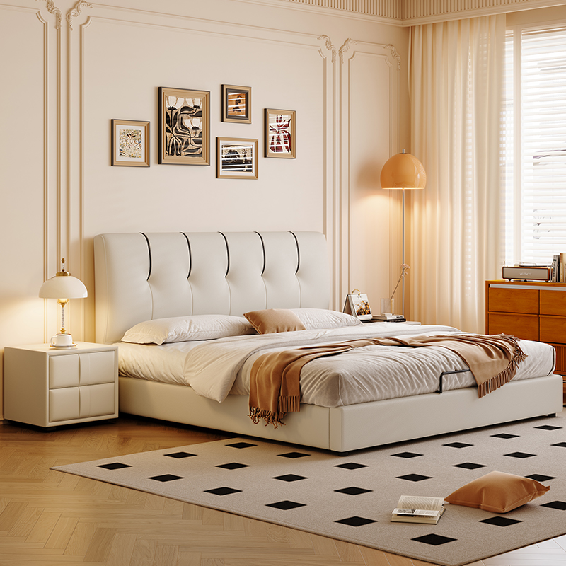 景山百岁 意式轻奢真皮床 主卧室高端大气软包床 1.8米双人床 现代简约储物床 婚床 实木床（多色可选 拍下请备注）高清大图