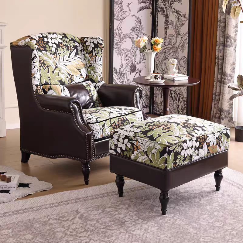 繁花老虎椅法式复古风布艺真皮拼接单椅美式客厅高背休闲单人沙发高清大图