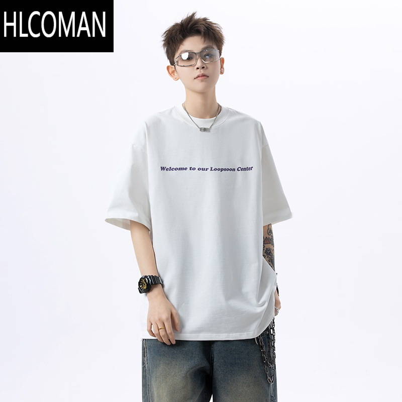 HLCOMAN短袖T恤男夏季潮牌小领口宽松百搭体恤衫简约百搭五分袖