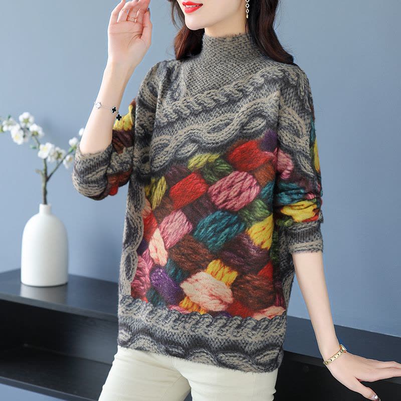 欧洲站设计高端印花半高领羊绒衫毛衣女士宽松春秋2024新款春秋装时尚洋气妈妈上衣针织衫打底衫羊毛衫套头毛衣女装图片