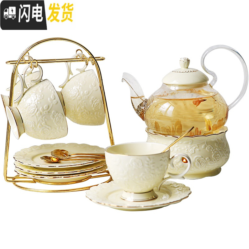 三维工匠英式下午茶茶具 欧式花茶茶具花茶杯套装 陶瓷玻璃煮水果蜡烛茶壶 金玫瑰(4杯碟+壶)含铁架+金勺