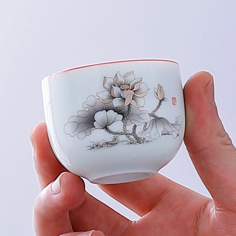 华普思陶瓷杯品茗杯功夫茶具杯子套装茶杯白瓷礼品加厚茶盏主人杯 梵红蝉竹 4只装高清大图