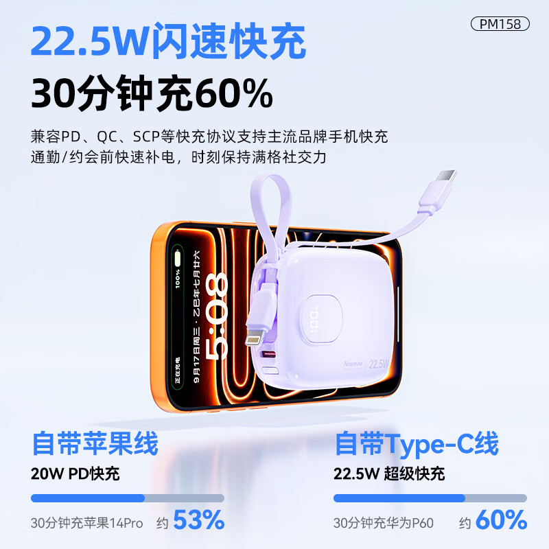 纽曼(Newmine)[3C认证]掌心充电宝 10000mAh自带双线三设备同充智能温控8重防护 PM158 蓝色高清大图