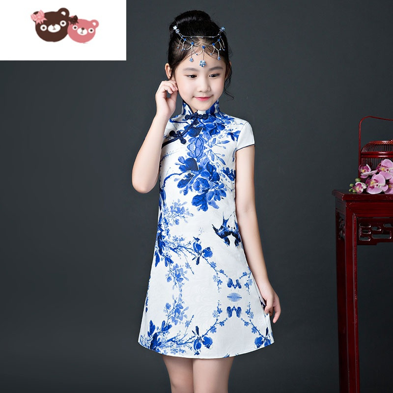 光儿童旗袍大童中国风女童青花瓷小女孩国潮连衣裙古筝演出服夏季裙子