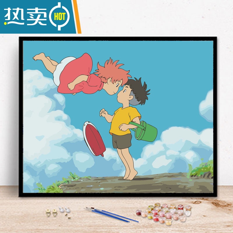 敬平数字油画diy卡通动漫阴阳师手工填充手绘填色减压油彩装饰画乐装饰画 X070悬崖上的金鱼姬 60*75cm绷好2.5cm厚内框彩色画板+2套颜料+2套画