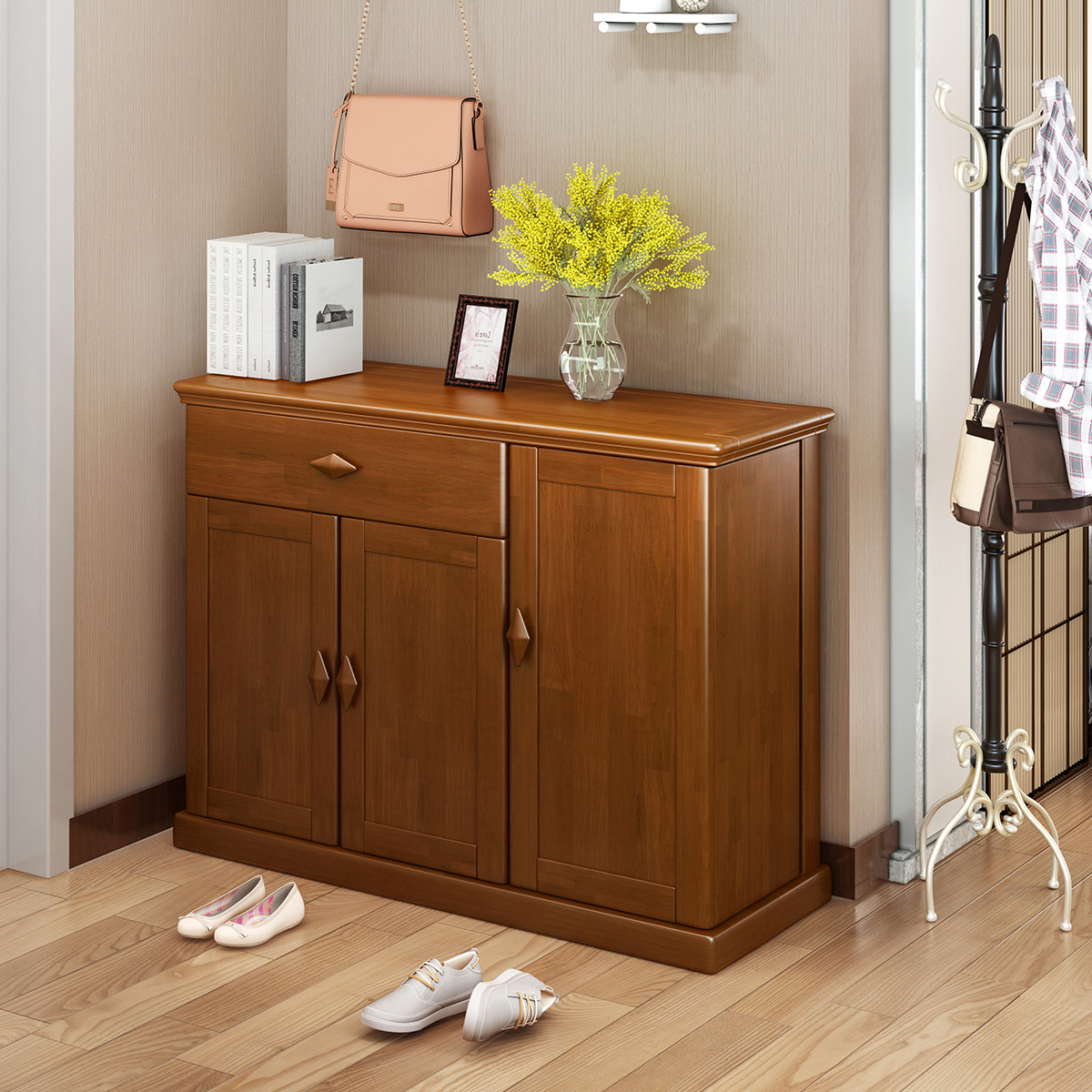 月影梳桐中式实木三开门多功能鞋柜简约储物柜带镜子现代客厅家具