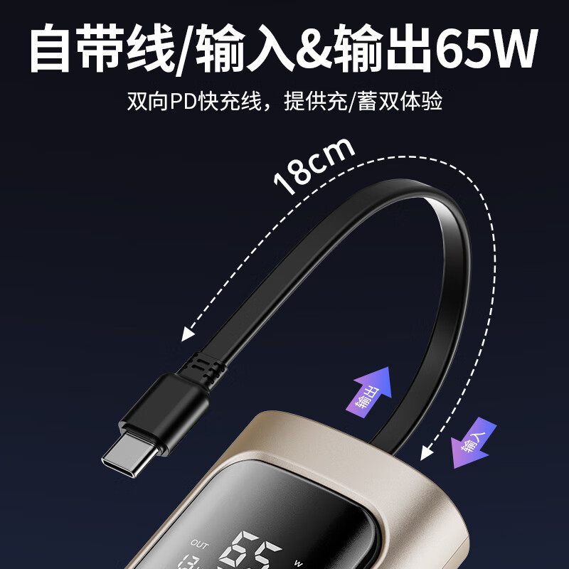 爱沃可(iWALK)HBT001 笔记本充电宝自带线65W快充20000mAh移动电源大容量 手机电脑平板户外电源 金色高清大图