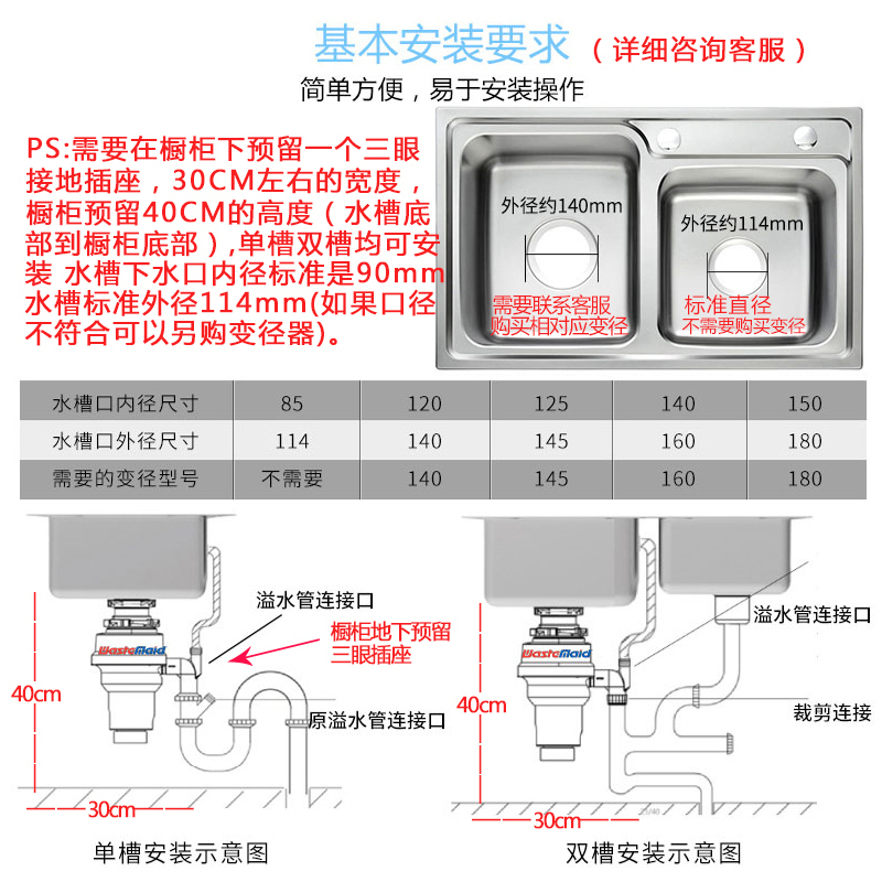 唯斯特姆(Wastemaid)T1000-RS 食物垃圾处理器 厨余粉碎机 垃圾处理器 智能关机