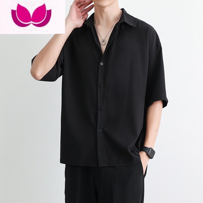 七斓衬衫男夏季宽松薄款冰丝短袖白色五分袖衬衣男士痞帅黑色半袖上衣 L 黑色