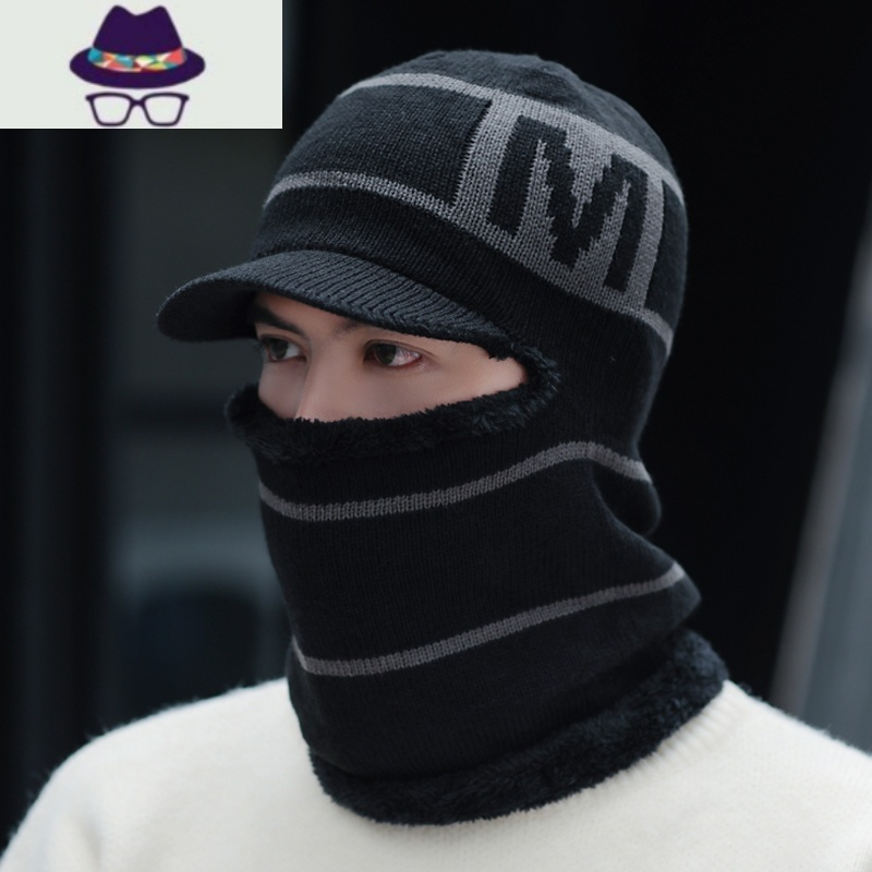 帽子男冬天韩版针织帽加绒加厚一体保暖毛线帽青年潮骑车连体棉帽fish