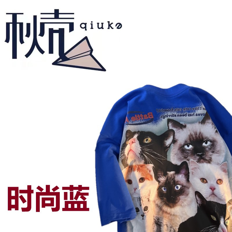 秋壳美式复古潮流猫咪印花短袖T恤女2022夏季休闲创意百搭上衣潮