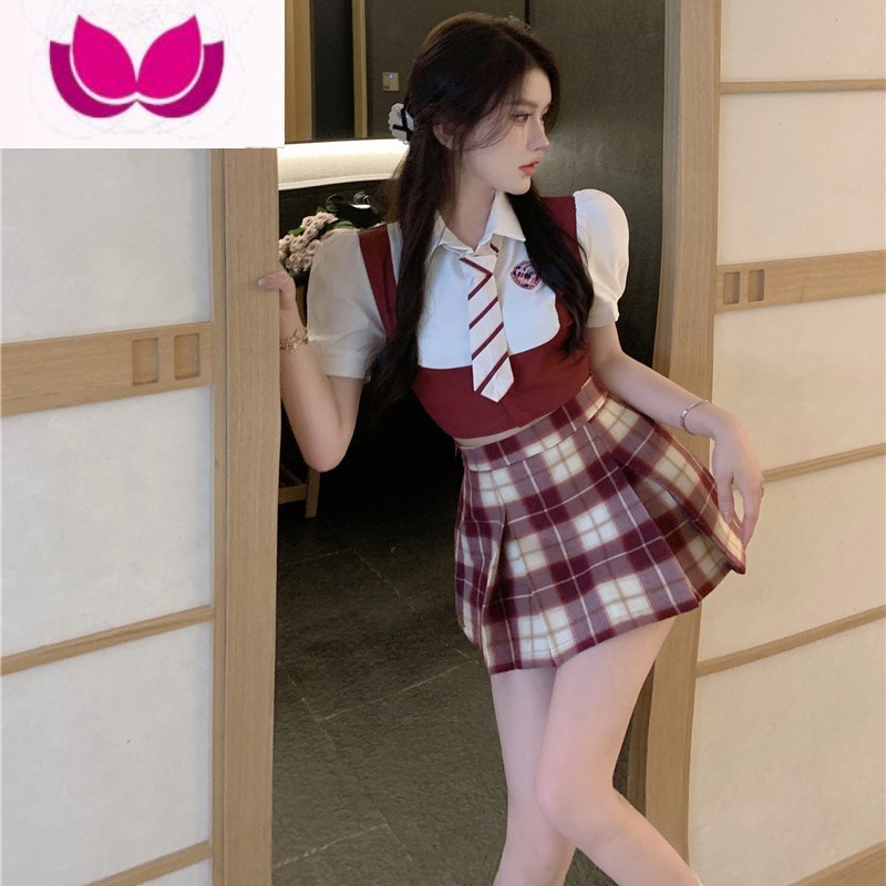 七斓甜辣学院风jk套装女夏季新款短袖假衬衣高腰百褶半身裙套