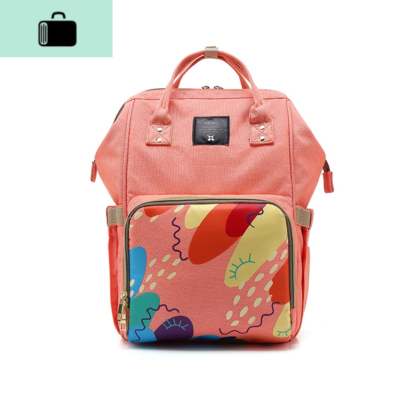 宝妈包包外出多功能潮包母婴大容量双肩婴儿背包奶粉包妈妈手提包NEW LAKE女士双肩包 涂鸦橘粉色升级版加防盗拉链