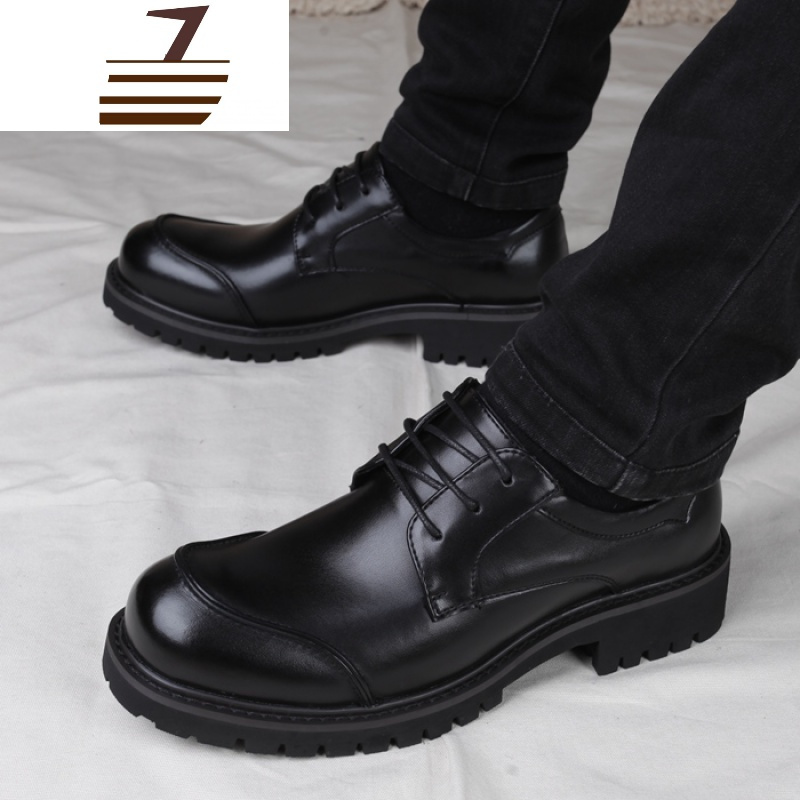 尗卡韩版潮流皮鞋男士圆头英伦商务休闲男鞋内增高厚底大头皮鞋男休闲