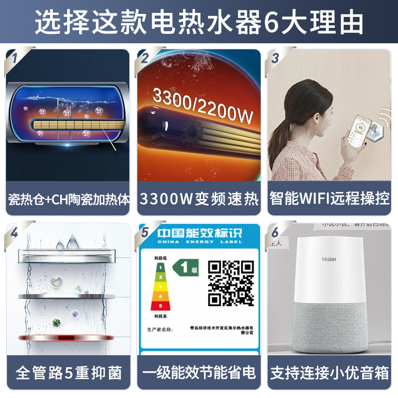 Haier/海尔电热水器60升3300W变频速热一级能效预约洗浴手机控制水电分离零垢免清洗ES60H-AF3(2A)U1