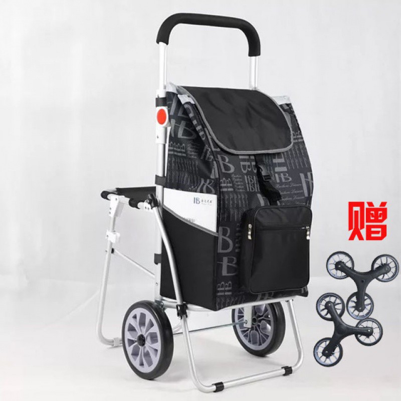 铝合金折叠买菜车小拉杆车家用爬楼梯拖车便携抖音带娃购物手拉车 三维工匠 蓝色条纹-【轴承两轮】普通款+送爬楼轮