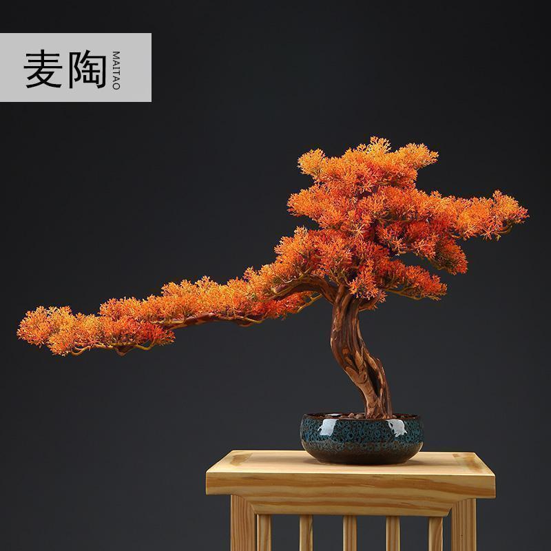 中式家居仿真盆景迎客松红枫叶绿植大摆件装饰品迁礼品_0
