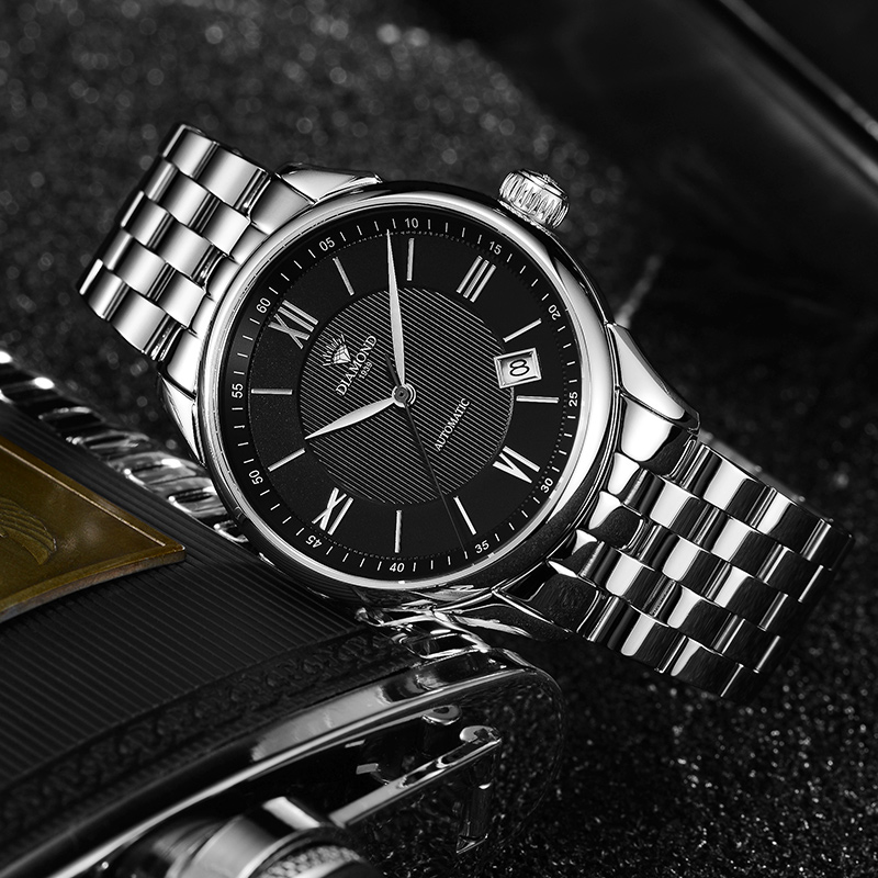 钻石牌（DIAMOND）手表男士自动机械大表盘日历精钢2101-2男士手表黑面白钢带高清大图