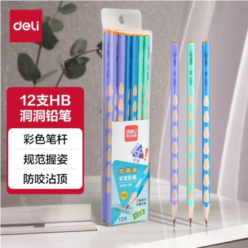 得力(deli)洞洞笔铅笔 12支HB马卡龙色三角杆书写铅笔 易抓握儿童矫姿铅笔 学生 S959-HB