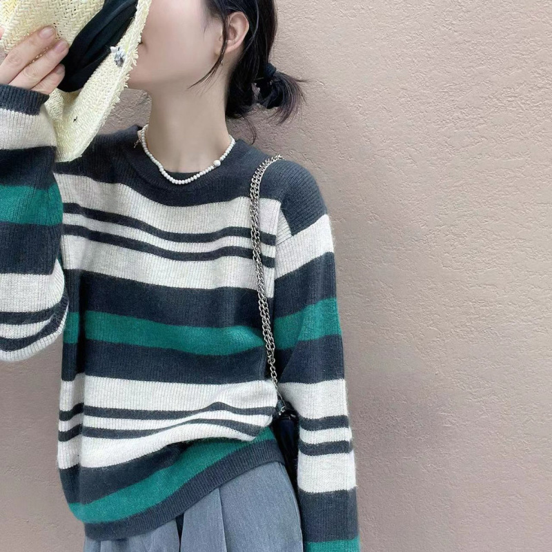 语娄长袖套头韩版休闲宽松圆领条纹拼色慵懒软糯毛衣打底衫女新款