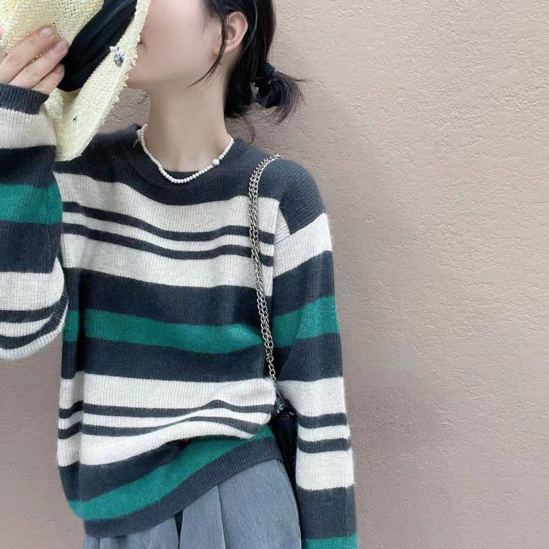 语娄长袖套头韩版休闲宽松圆领条纹拼色慵懒软糯毛衣打底衫女新款图片