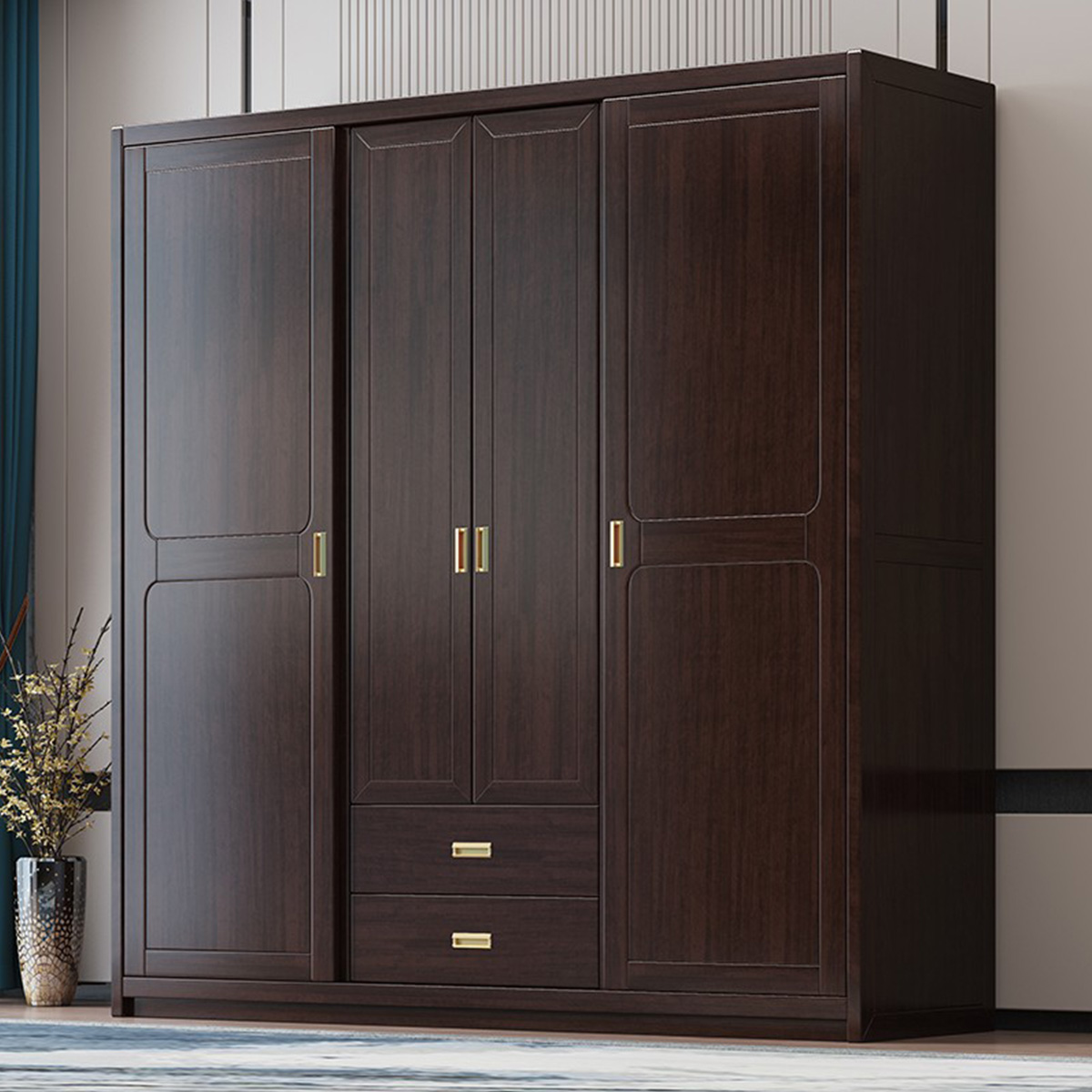 月影梳桐新中式实木衣柜轻奢推拉四五门组合衣橱大衣柜卧室成套家具