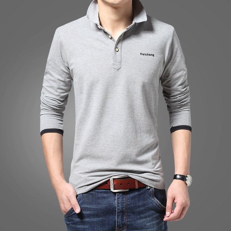 歌爱妮2019纯棉长袖t恤男秋季纯色男士polo衫大码男装有领翻领青年上