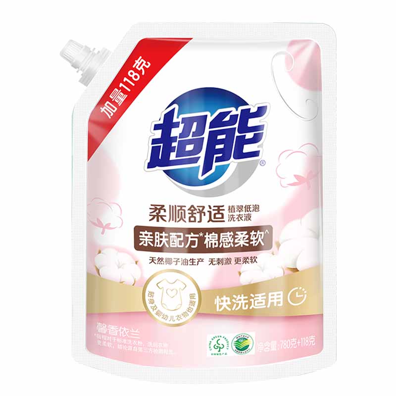 超能洗衣液柔顺舒适植翠低泡馨香依兰780g+118g(包装随机)