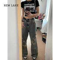 NEW LAKE美式vibe裤子高街ins国潮宽松阔腿欧美hiphop高腰破洞牛仔裤女夏