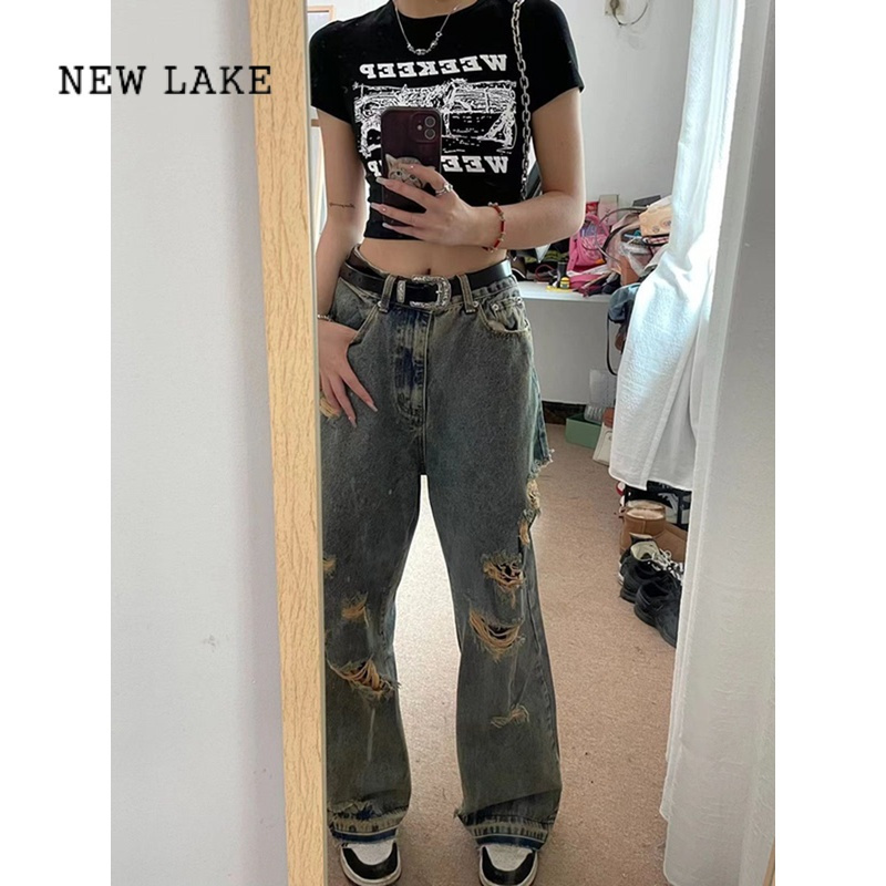 NEW LAKE美式vibe裤子高街ins国潮宽松阔腿欧美hiphop高腰破洞牛仔裤女夏