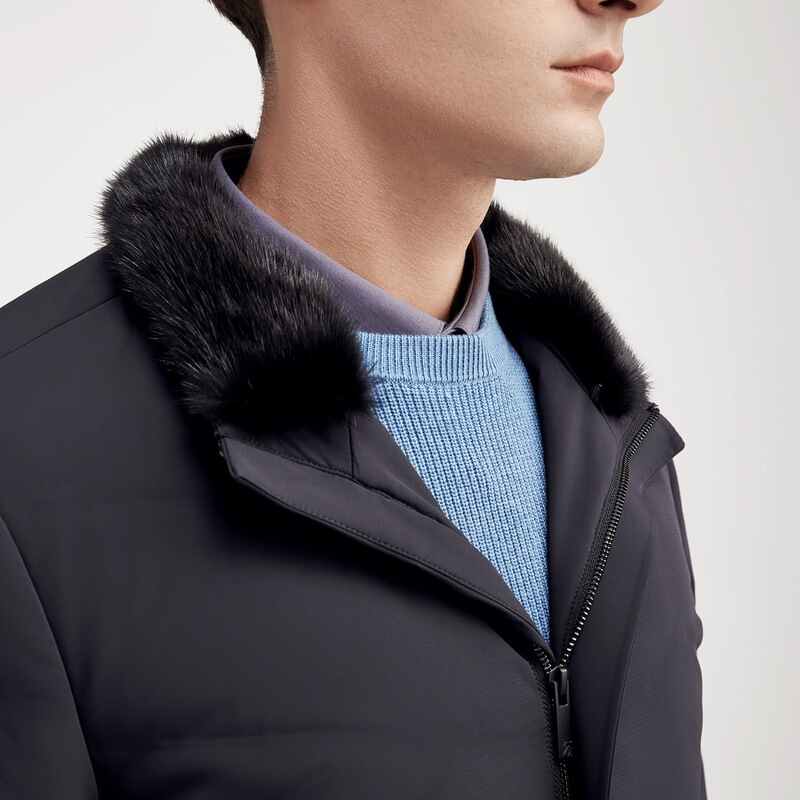 尼克服柒牌男装长袖立领外套商务青年可拆卸内胆羽绒皮草大衣121jj