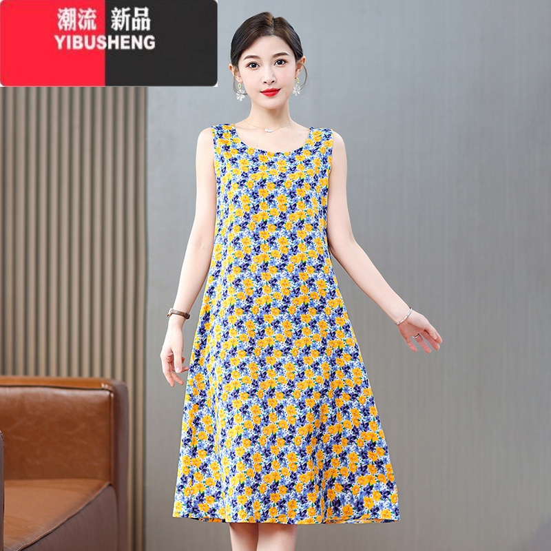 YIBUSHENG中年季薄款女士裙子宽松无袖中长款连衣裙显瘦妈妈装吊带沙滩裙 3号色 6XL建议180-200斤