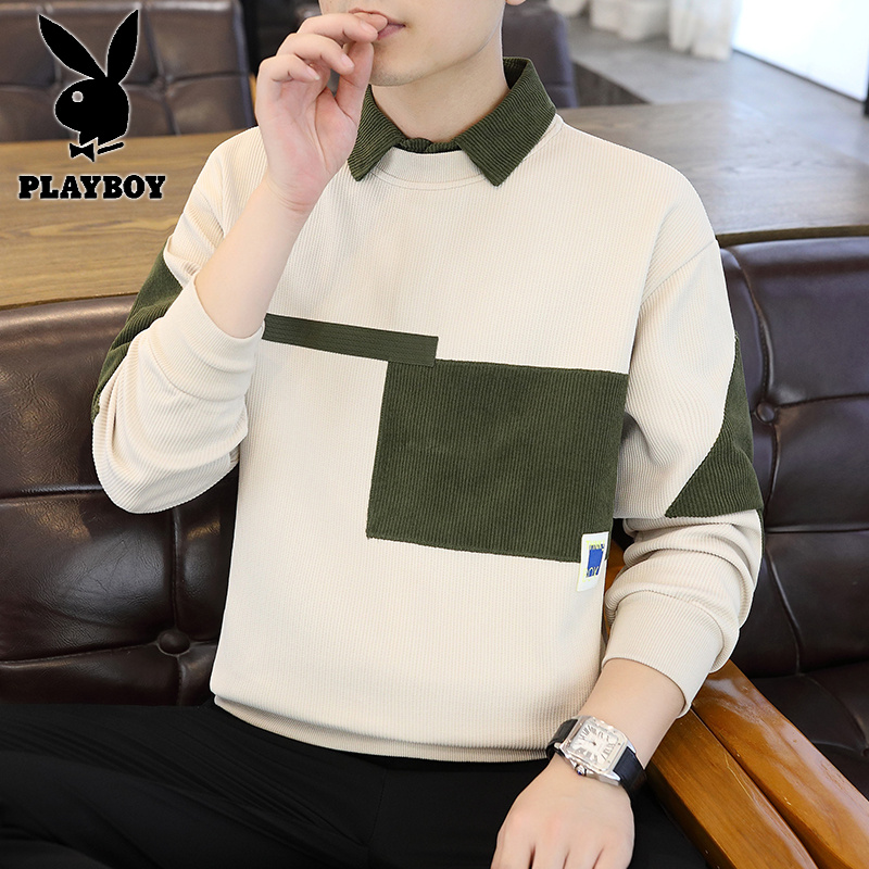 花花公子新款春秋长袖polo衫翻领卫衣T恤内搭衬衫领灯芯绒高清大图