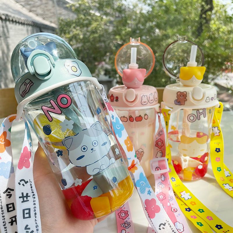 创意少女吸管杯儿童卡通背带搅拌水杯学生便携户外粉嫩随手塑料杯 黄色猫咪搅拌杯500ml 裸杯(收藏送杯刷吸管刷贴画)