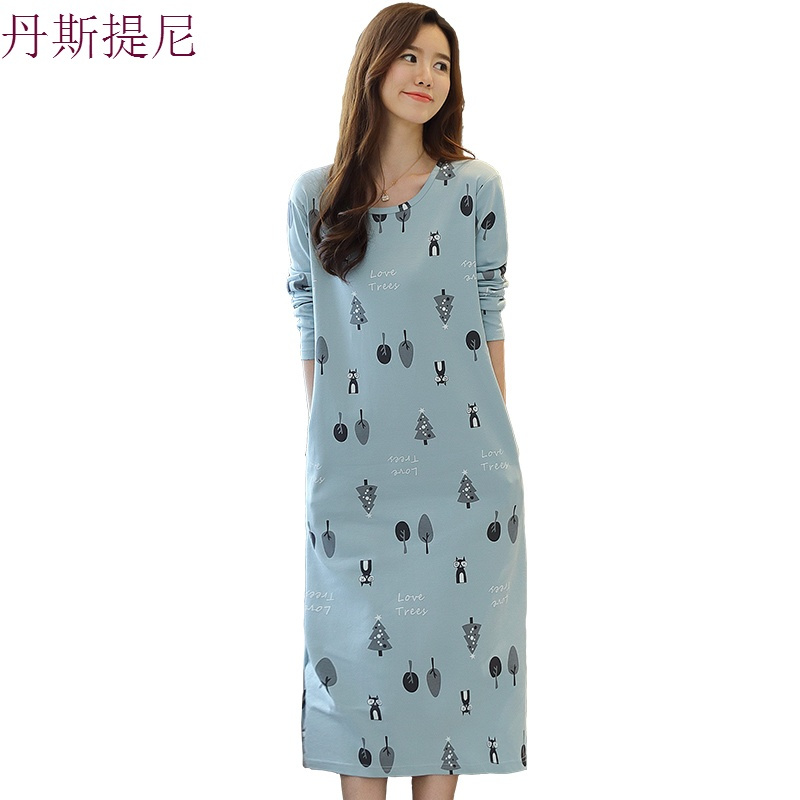 韩版长袖睡衣女春秋季超长款连衣裙过膝长款纯棉睡裙学生宽松睡衣