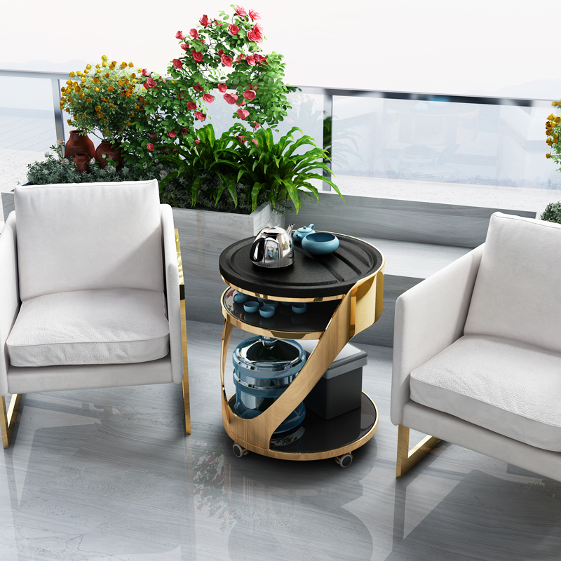 阳台轻奢茶台圆形火烧石茶桌椅组合家用多功能茶几功夫移动小茶车视频