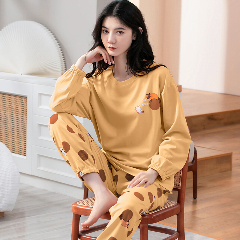 浪莎纯棉睡衣女春秋冬季2025年新款长袖束脚家居服可外穿套装 LS-YS5127黄双面纯棉 XL建议120-140斤