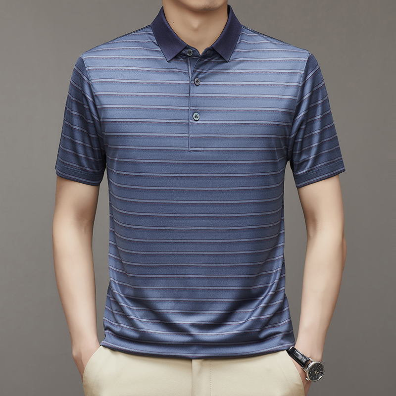 2024年夏季桑蚕丝翻领Polo衫条纹商务休闲男士真丝短袖 T恤薄款纯真丝T恤衫 烟紫灰 175/92A