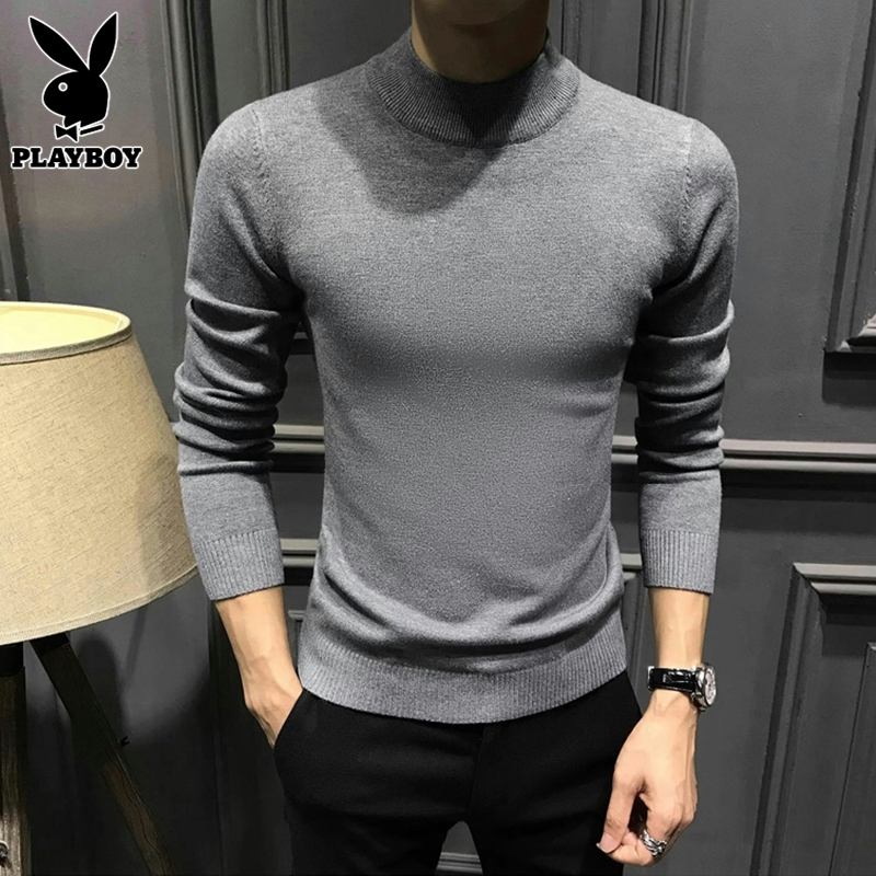 花花公子半高领毛衣男士内搭打底衫线衣春季新款修身纯色针织衫男 3399浅灰 L推荐111-120斤