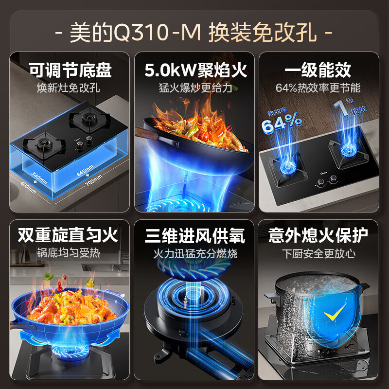 美的(Midea)燃气灶双灶Q310-M家用天然气灶煤气灶双灶5.0kW大火力大开孔大底壳灶具大面板猛火灶台天然气